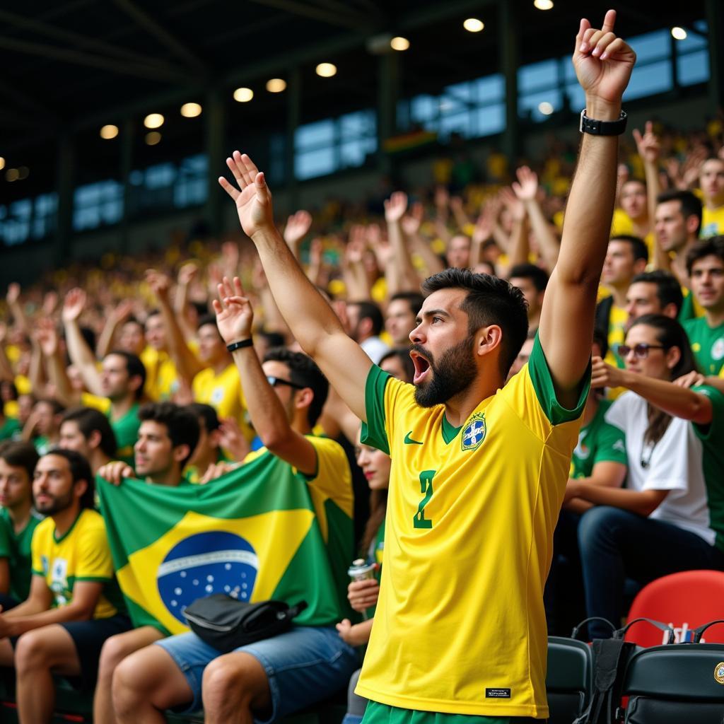 Trực tiếp Bra - Niềm đam mê bóng đá: Khán giả reo hò cổ vũ đội tuyển Brazil trên khán đài, tạo nên một bầu không khí sôi động và cuồng nhiệt.