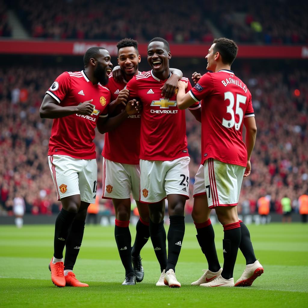 Eric Bailly celebrating a goal with his Manchester United teammates.