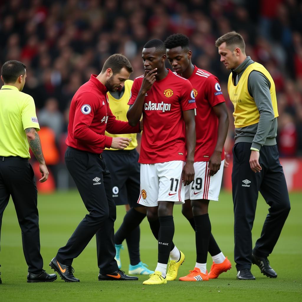 Eric Bailly being helped off the pitch due to injury.