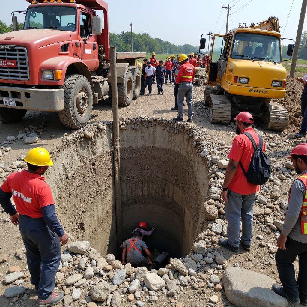 Lực lượng cứu hộ đang nỗ lực giải cứu bé trai bị mắc kẹt trong cọc bê tông