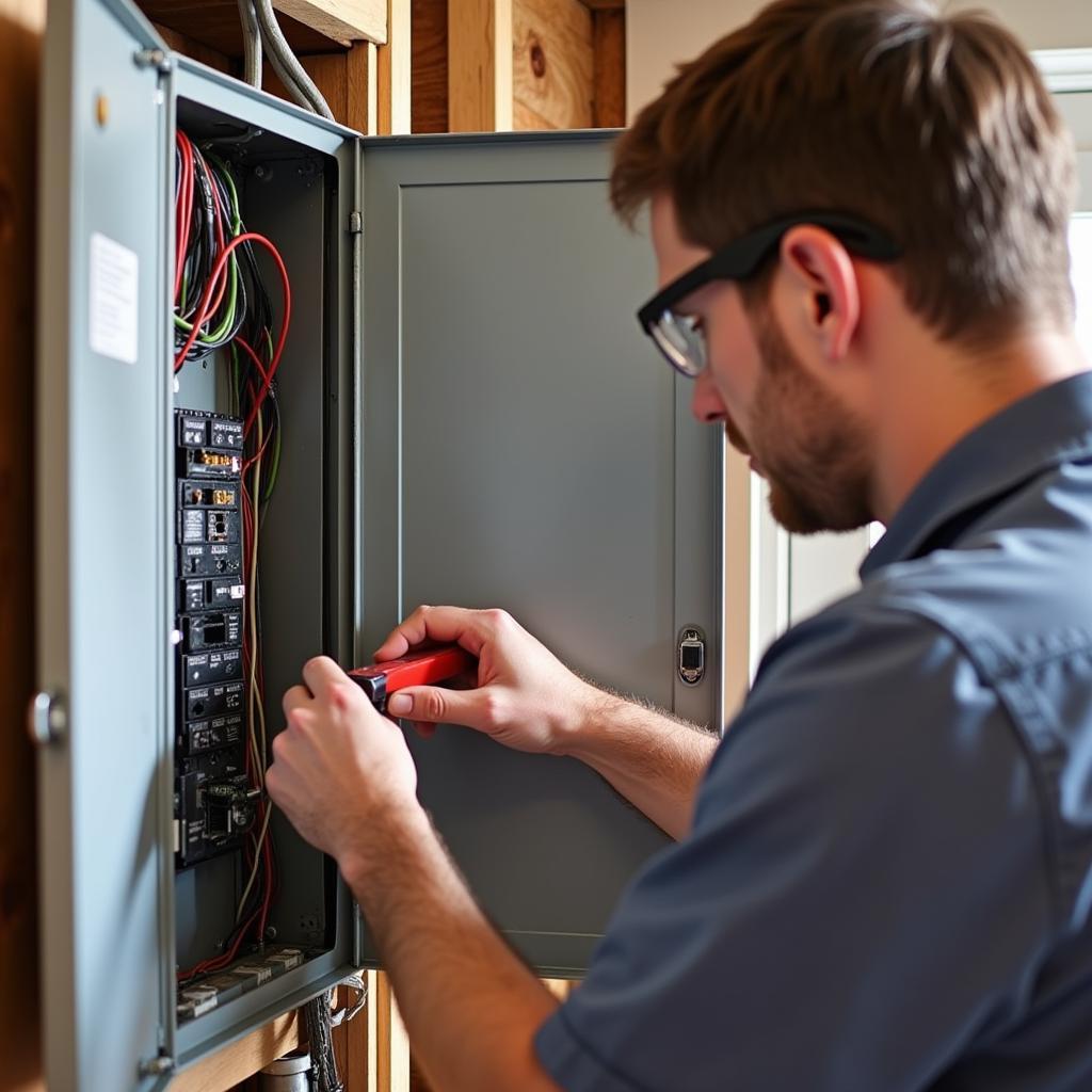 Home inspection in Manchester NH: Inspector checking the electrical panel