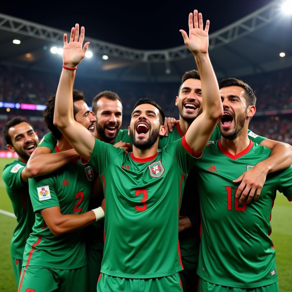 Morocco players celebrating their victory over Spain in the World Cup 2022.