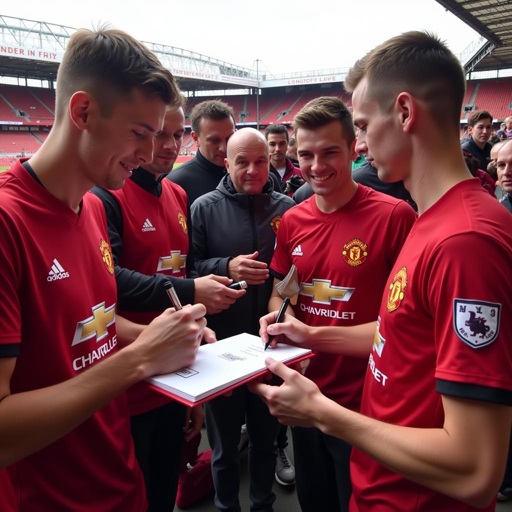 Manchester United players signing autographs at Old Trafford.