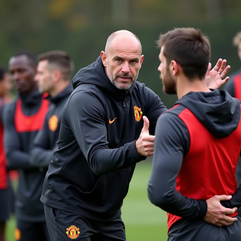 Mike Phelan hướng dẫn cầu thủ Manchester United trong buổi tập