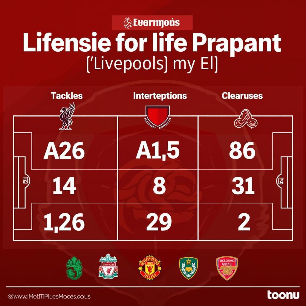 Thống kê phòng ngự của Liverpool: số lần tắc bóng, đánh chặn, và cứu thua.