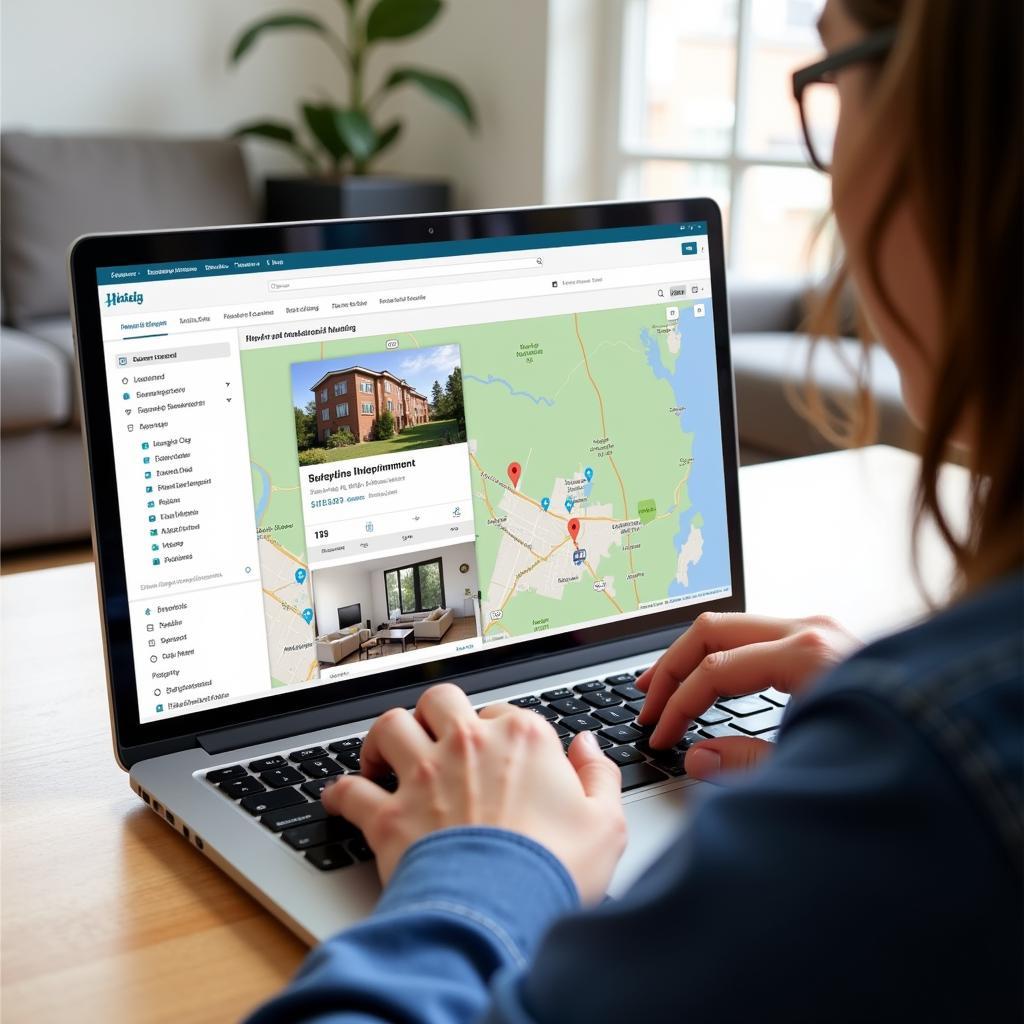 Searching for apartments online using a laptop, with property listings and maps displayed on the screen.