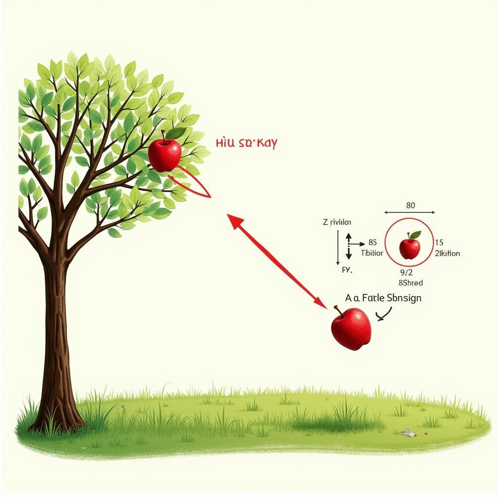 Giải Vật Lý 9 Bài 5 SBT: Hình ảnh minh họa về trọng lực tác dụng lên một quả táo đang rơi từ trên cây xuống.