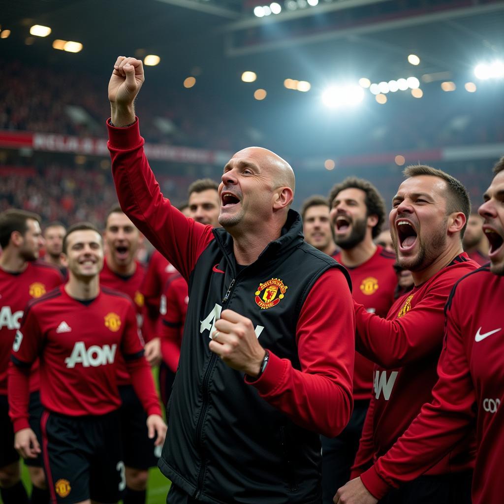 Mike Phelan celebrating at Old Trafford