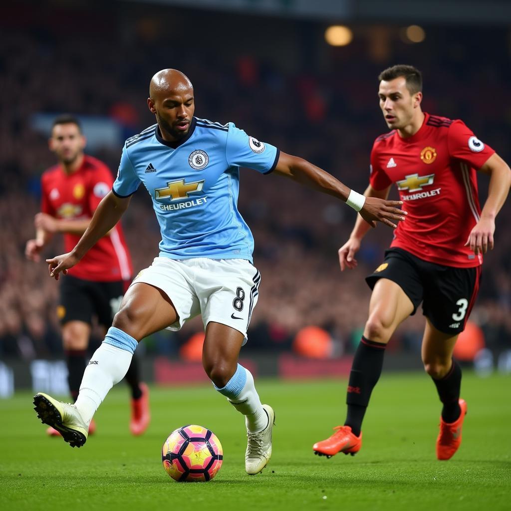 Vincent Kompany sút xa ghi bàn thắng vào lưới Manchester United